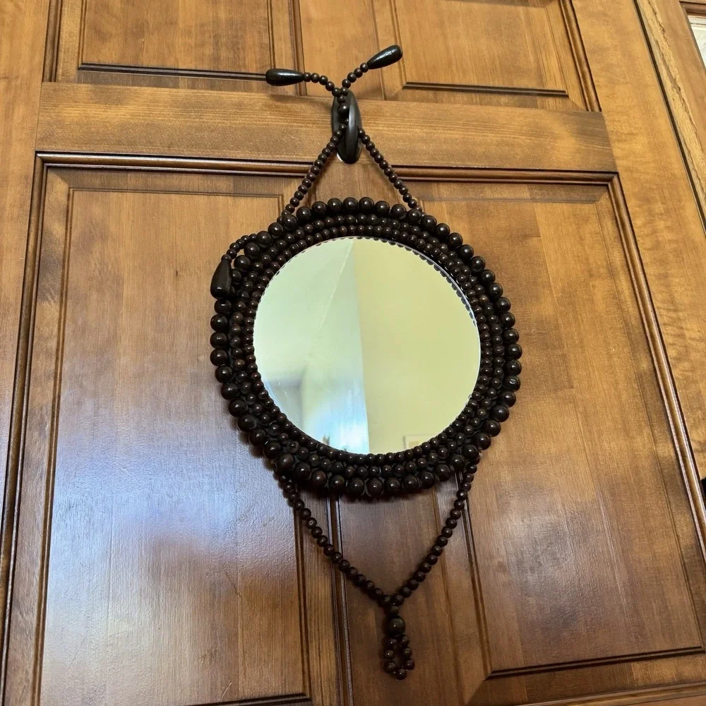 Vintage Hanging Wooden Beaded Round Mirror 1970s Boho Chic Eclectic Accent Wall